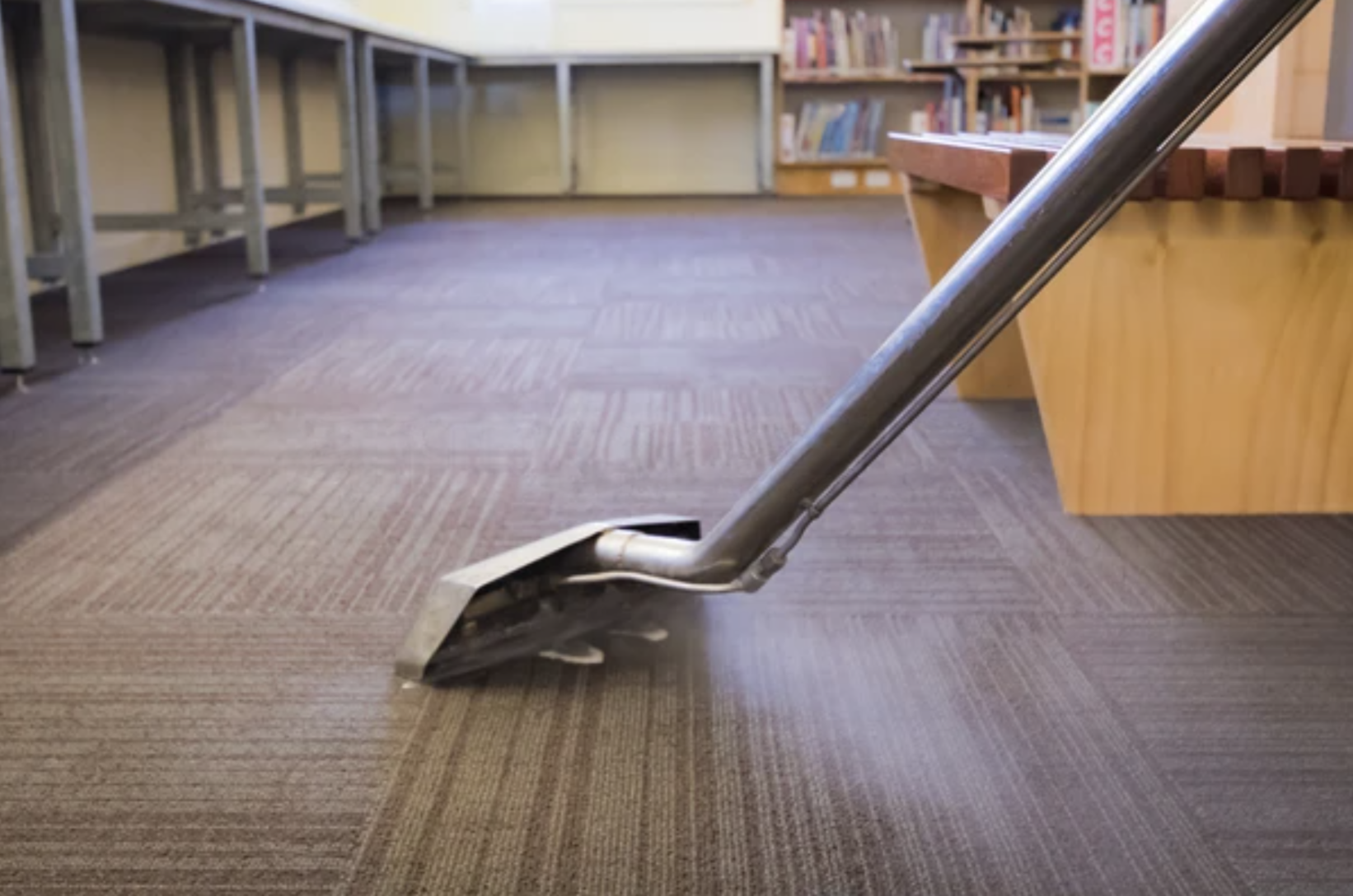Professional carpet cleaning with a hot water extraction wand