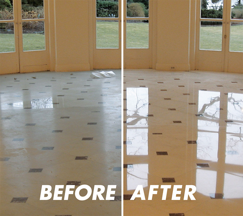 A freshly waxed VCT floor reflecting overhead lights