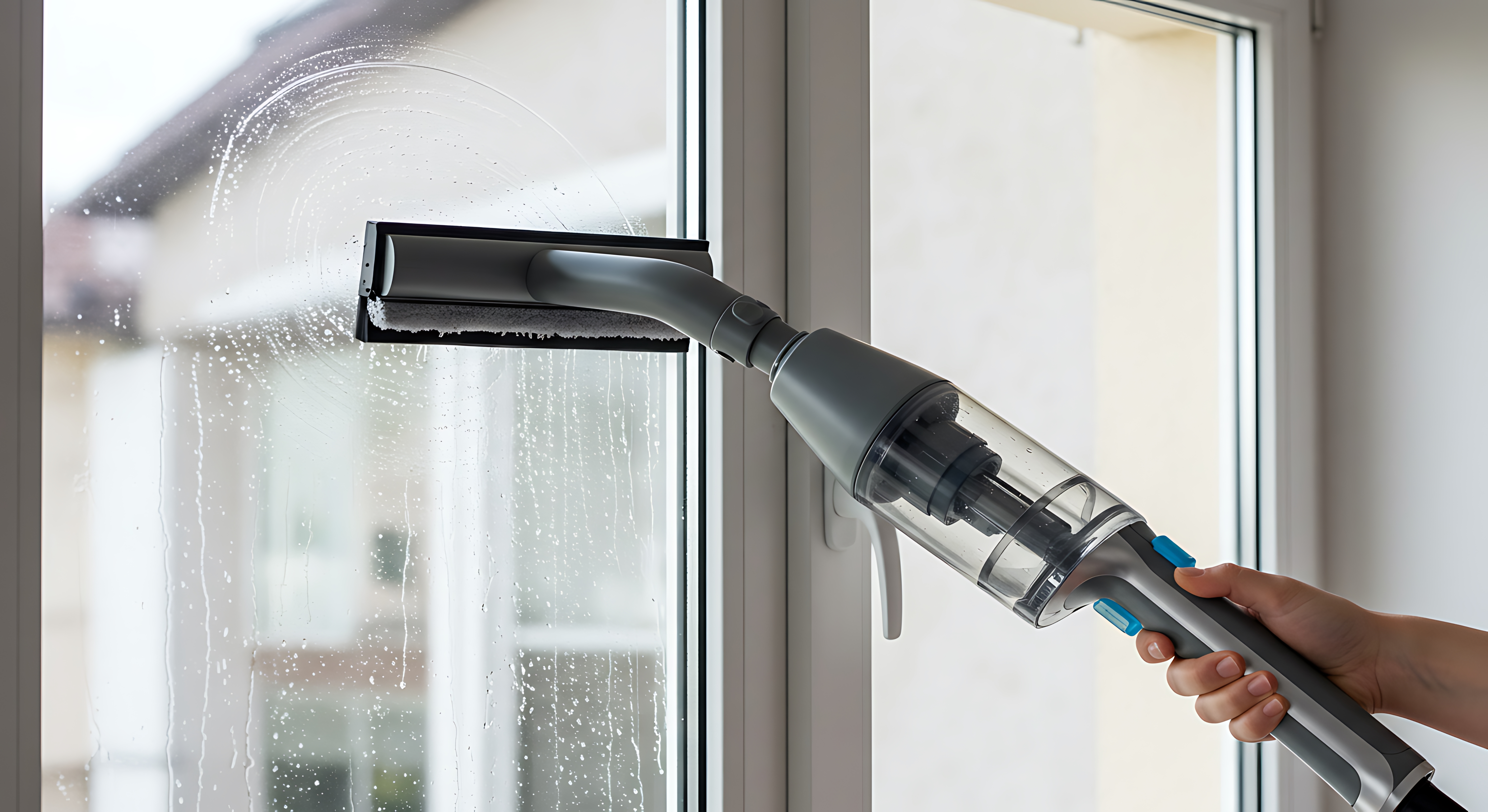Professional cleaning an interior office window with a squeegee